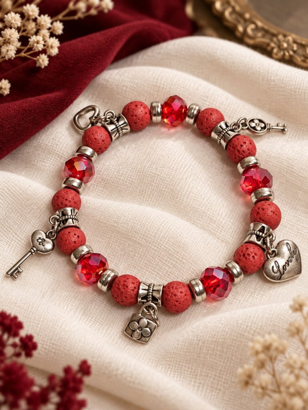 Women’s Red Lava Stone Bead Charm Bracelet with Keys and Heart